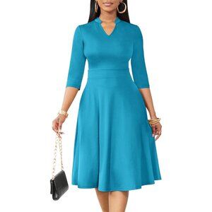 Women PeacockBlue 3/4 Sleeve Semi Formal Fit and Flare A-line Dress With Pockets